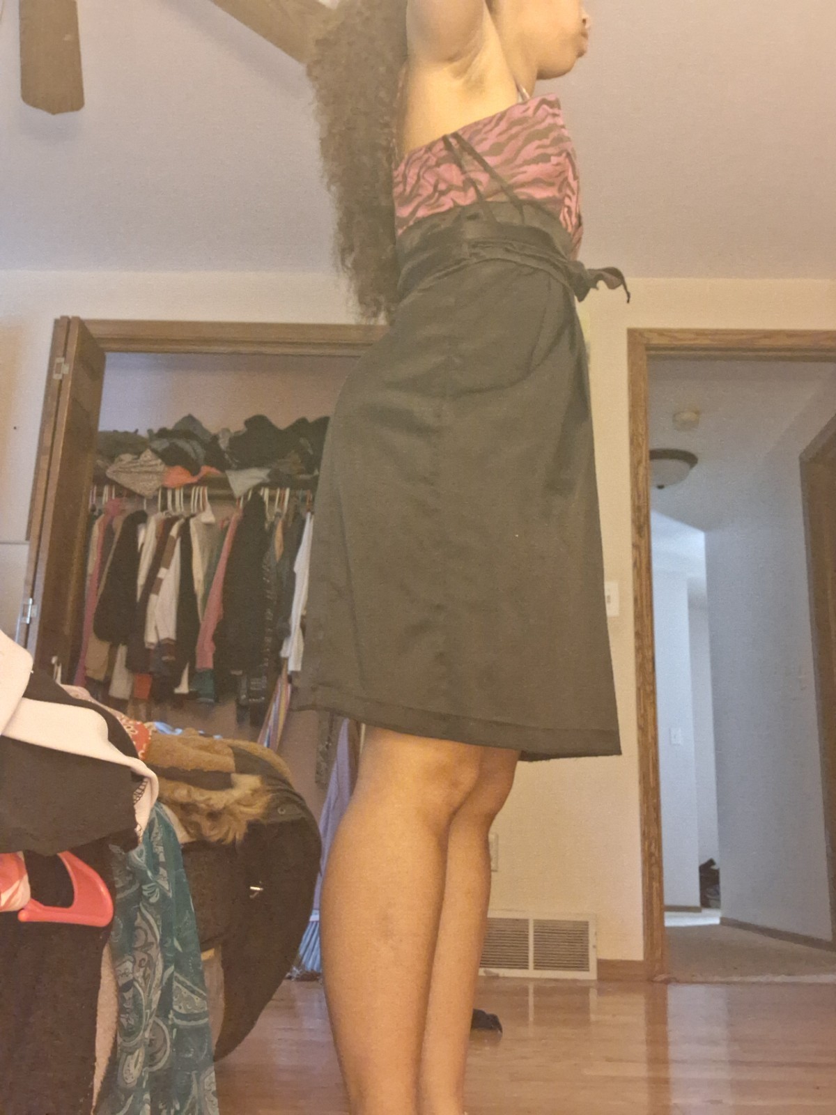 B. Wear Black/Purple Zebra Print Spaghetti Strap Knee Length Dress With Pockets