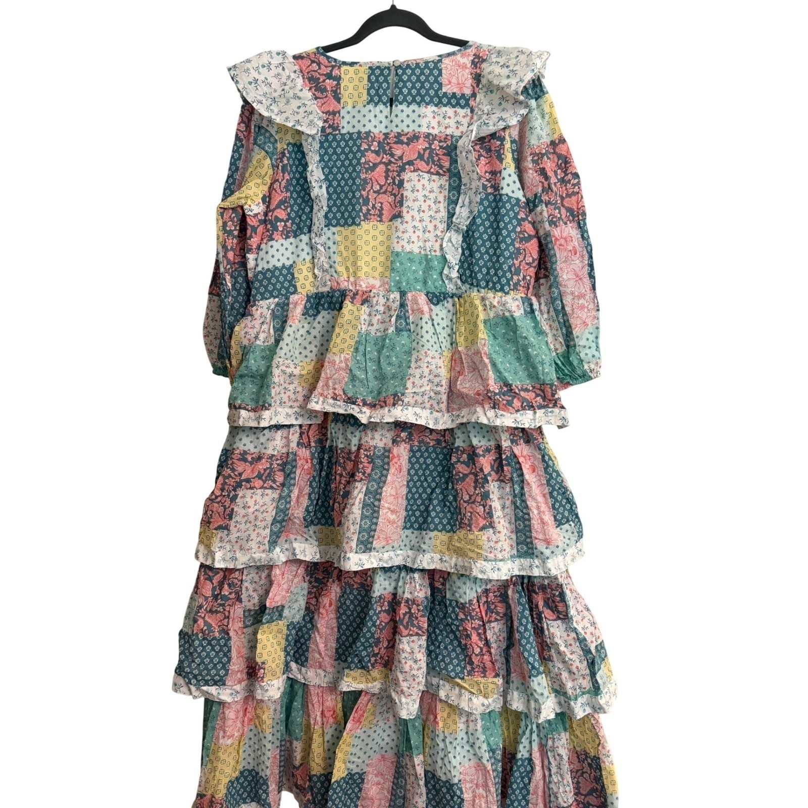 New Simply Southern Patchwork Tiered Maxi Dress Pink Teal Floral Large cottage