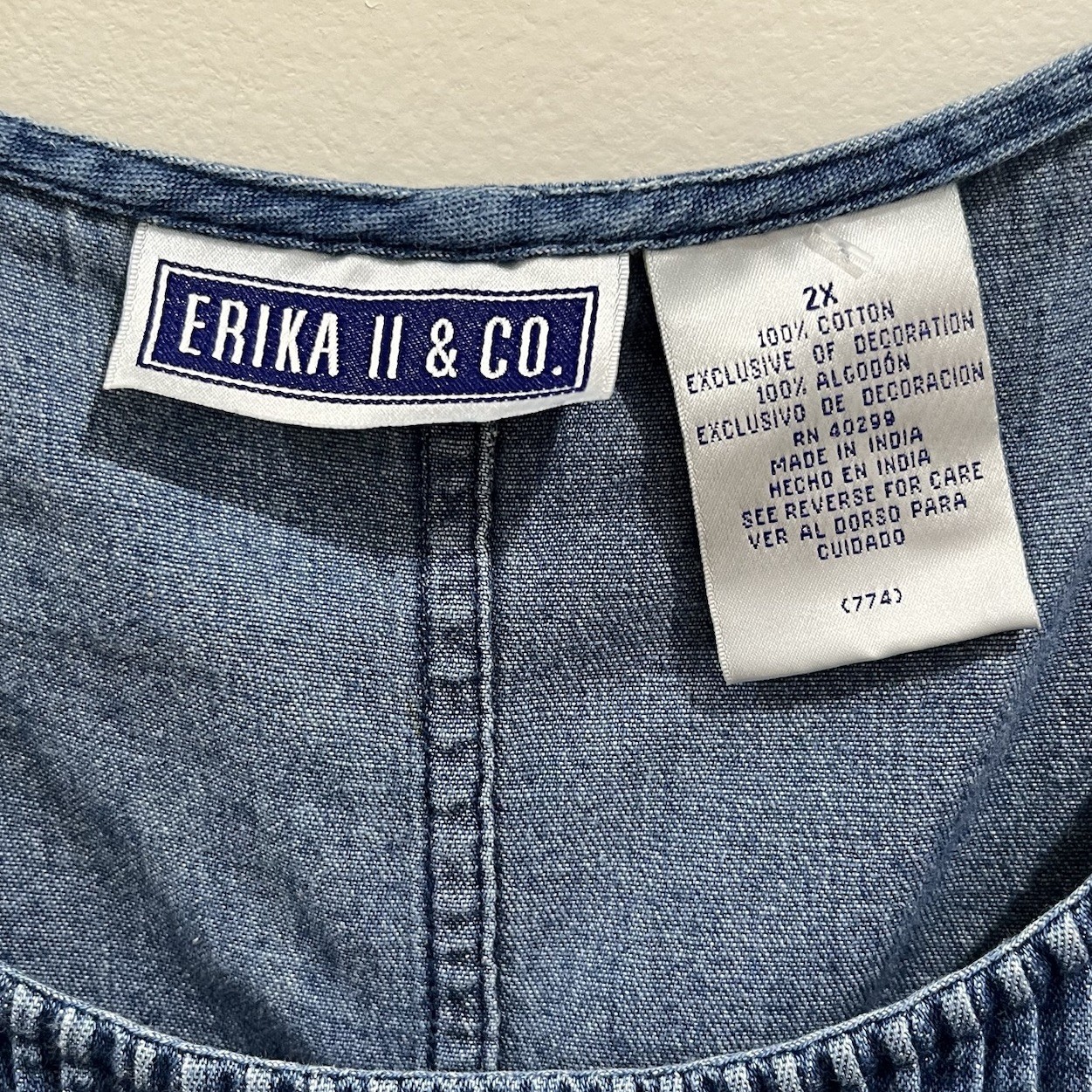 Embroidered Floral Denim Jean Jumper 2X Erik & Co Vtg 90s Modest Cottagecore
