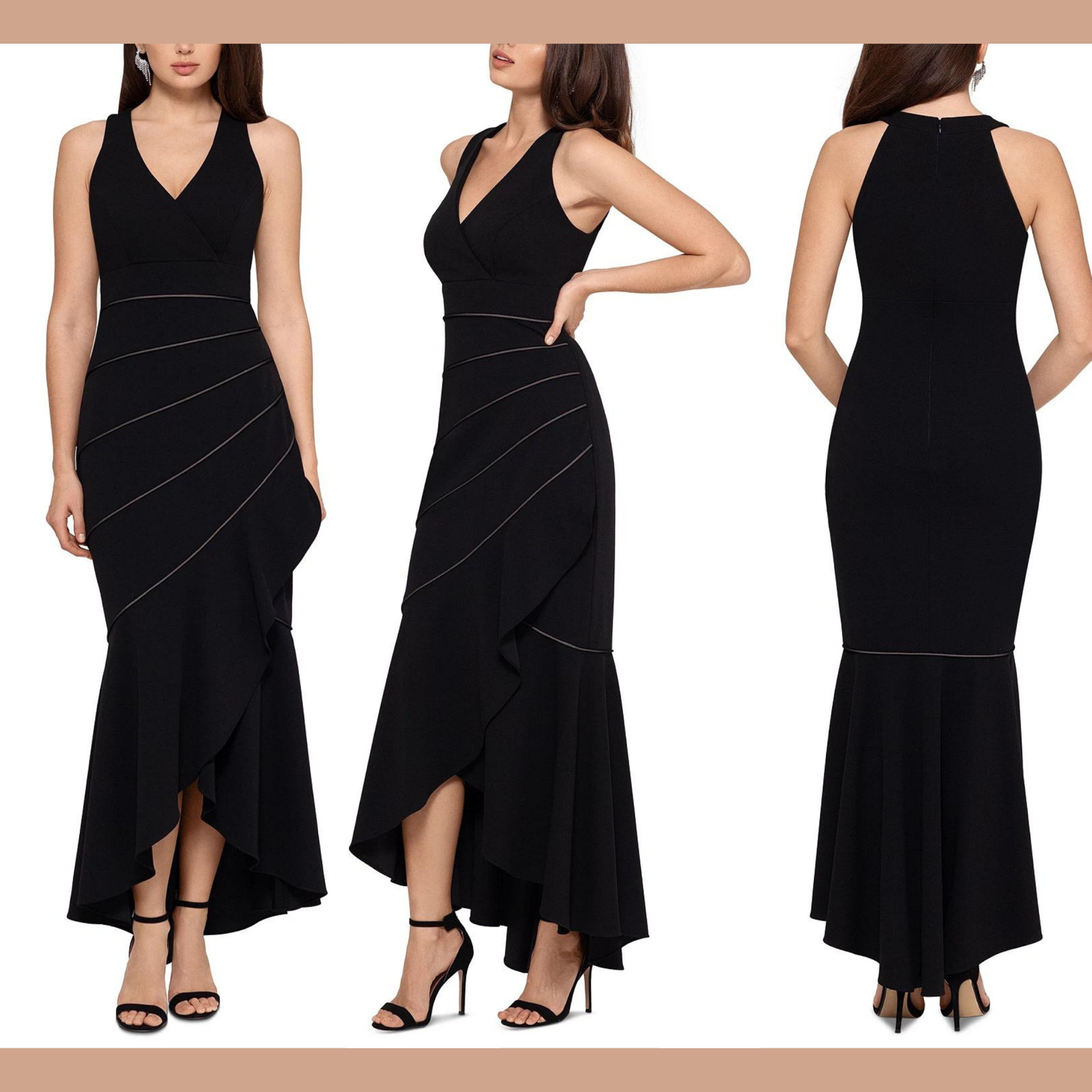 NWT $249 XSCAPE Piped Mermaid Hem Hi-Low Gown in Black [SZ 10 ] #G757