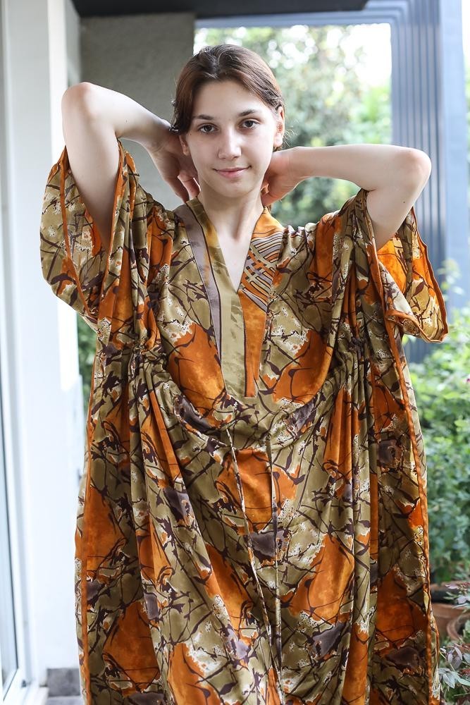 Silk Green Kaftan / Handmade Flowy Maxi Dress / Resort Wear Outfit PS MFN1024