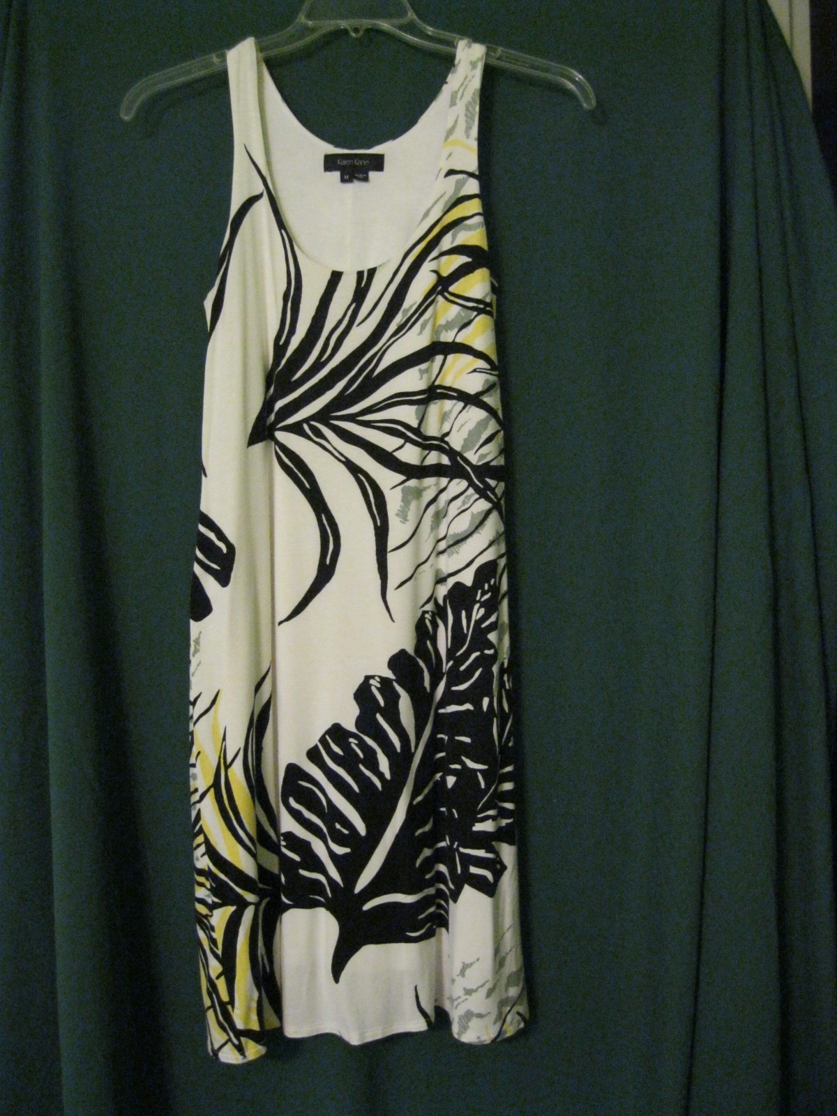 Karen Kane, M, Sleeveless Knit Dress, Bamboo Leaf Print Black/Yellow/Gray White