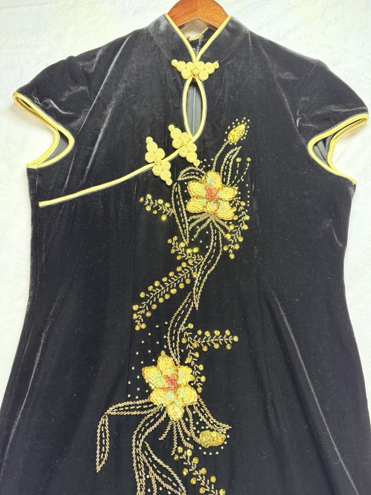 VTG Silver Dragon De Oriental Classic Black Velvet Qipao Maxi Dress Beaded XL
