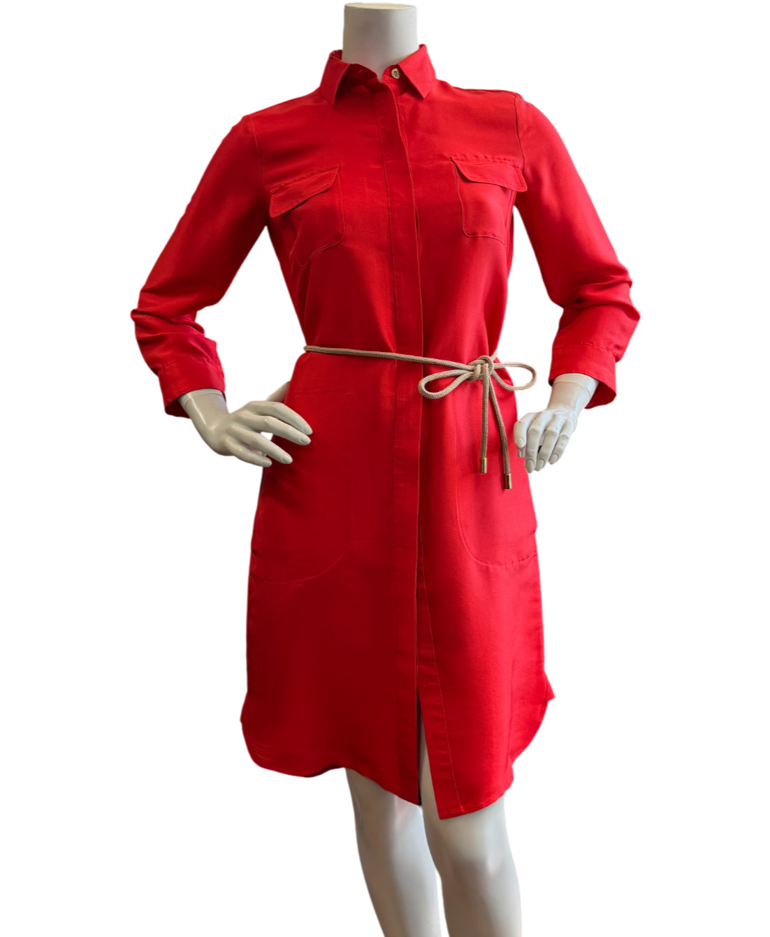 NWOT CAROLINE HERRERA Red Silk Button Up Dress Pocket Rope Belt Bend Collar 4 S