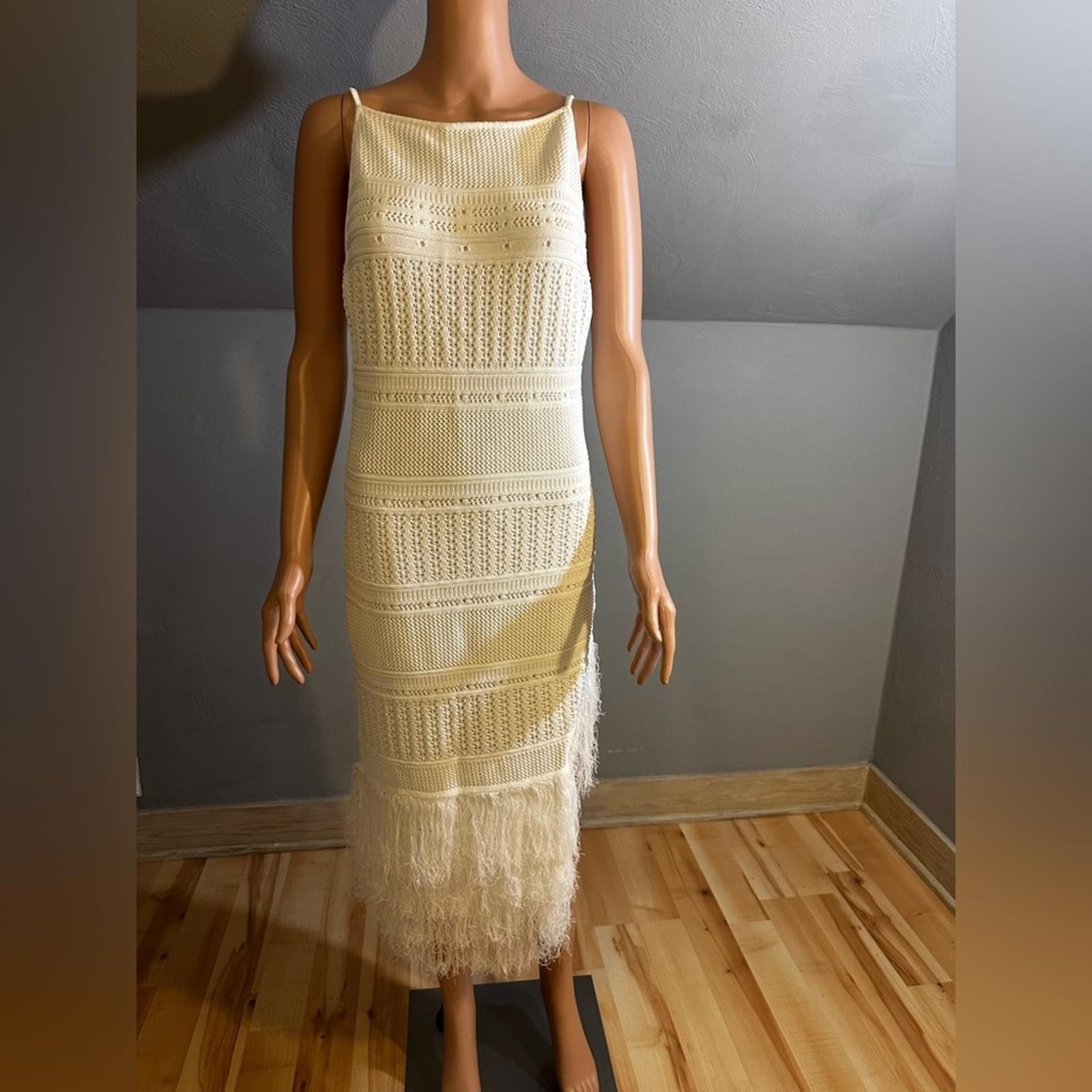 Torn by Ronny Kobo Yuna White Knit Fringe Asymmetric Midi Dress Size Large NWT