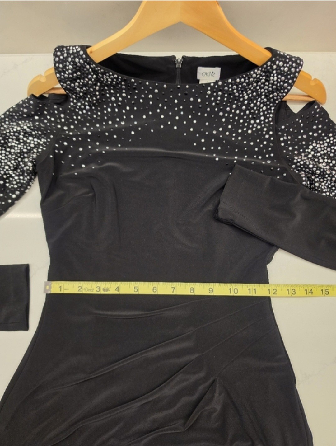 CACHÉ Vintage 2013 Black Cold Shoulder Long Sleeve Sparkle Rhinestone Midi Dress