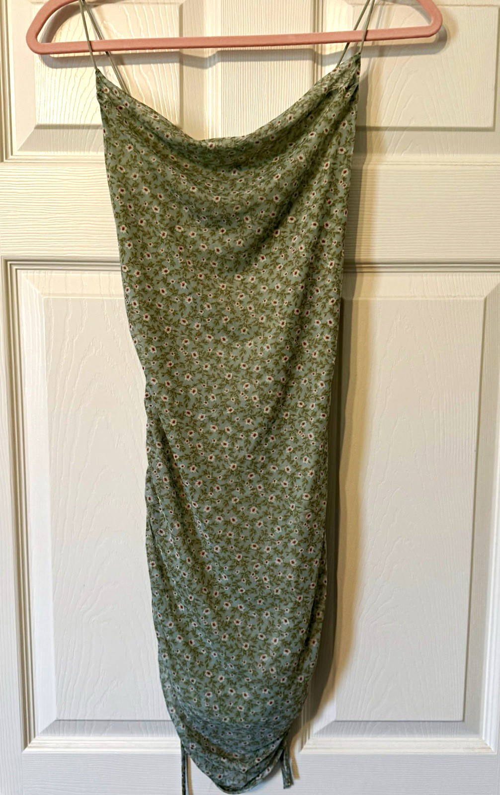 Endless Blu Green Floral Satin Cowl Neck Ruched Slip Midi Dress Size S
