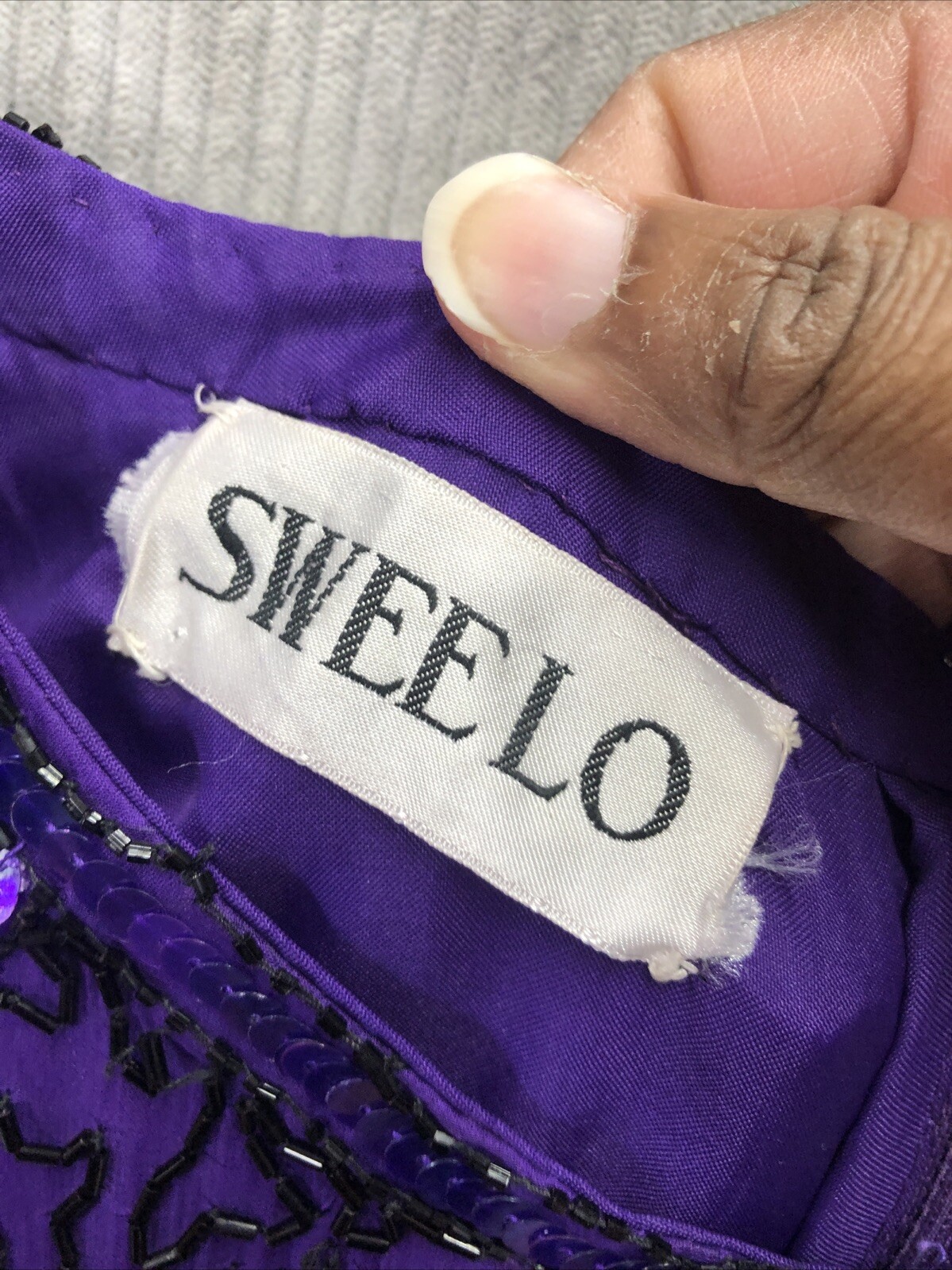 Vintage SWEELO Slip Dress Size Unknown Purple Sequin 100% Silk Spaghetti Strap
