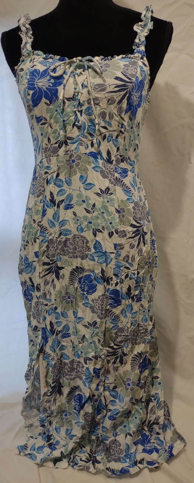 Japra Tank Top Sleeveless Floral Ruffle Sun Dress–White/Blue/Fitted Top–Medium