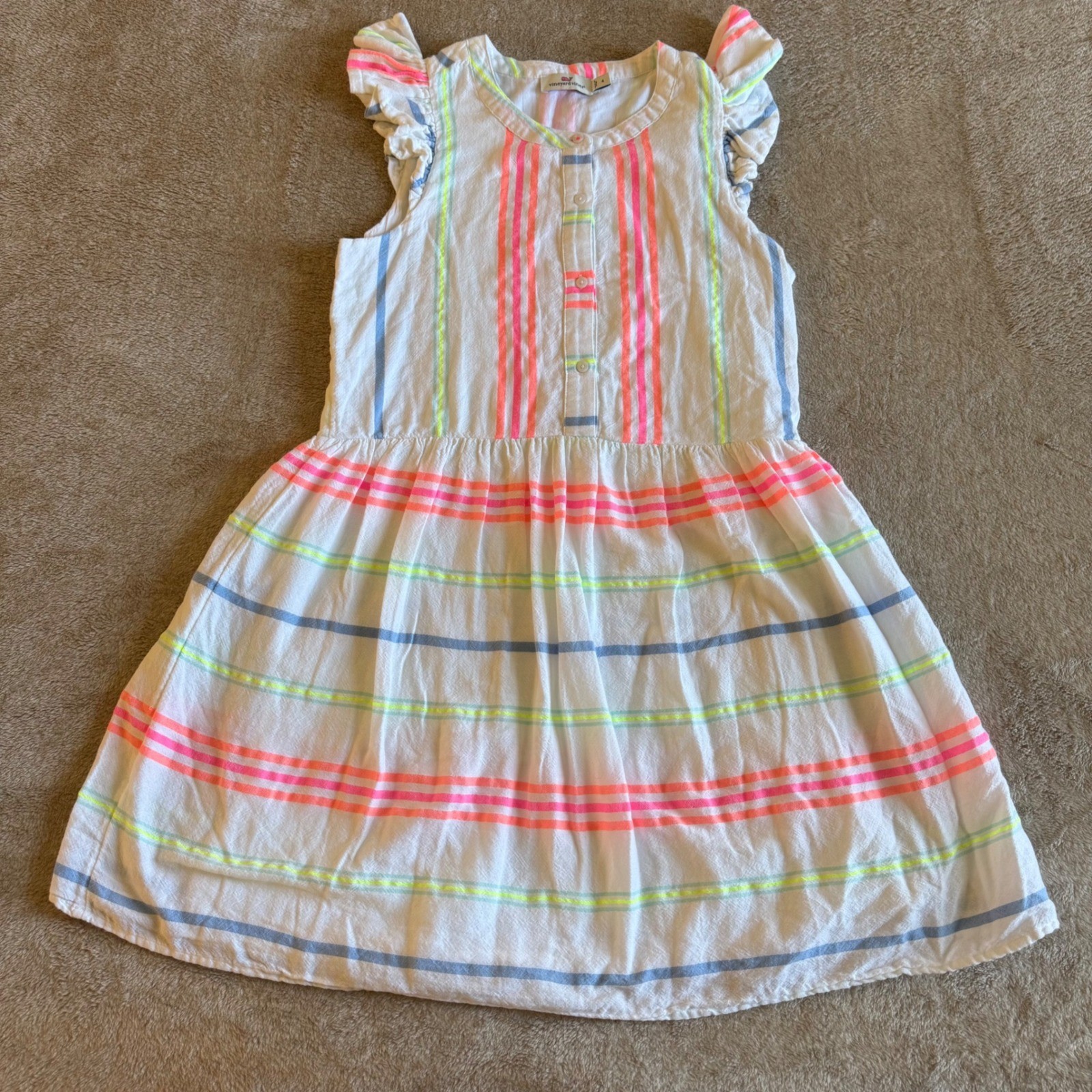 Vineyard Vines Girls Neon Stripe Flutter Sleeve Dress White Pink Yellow Size 4