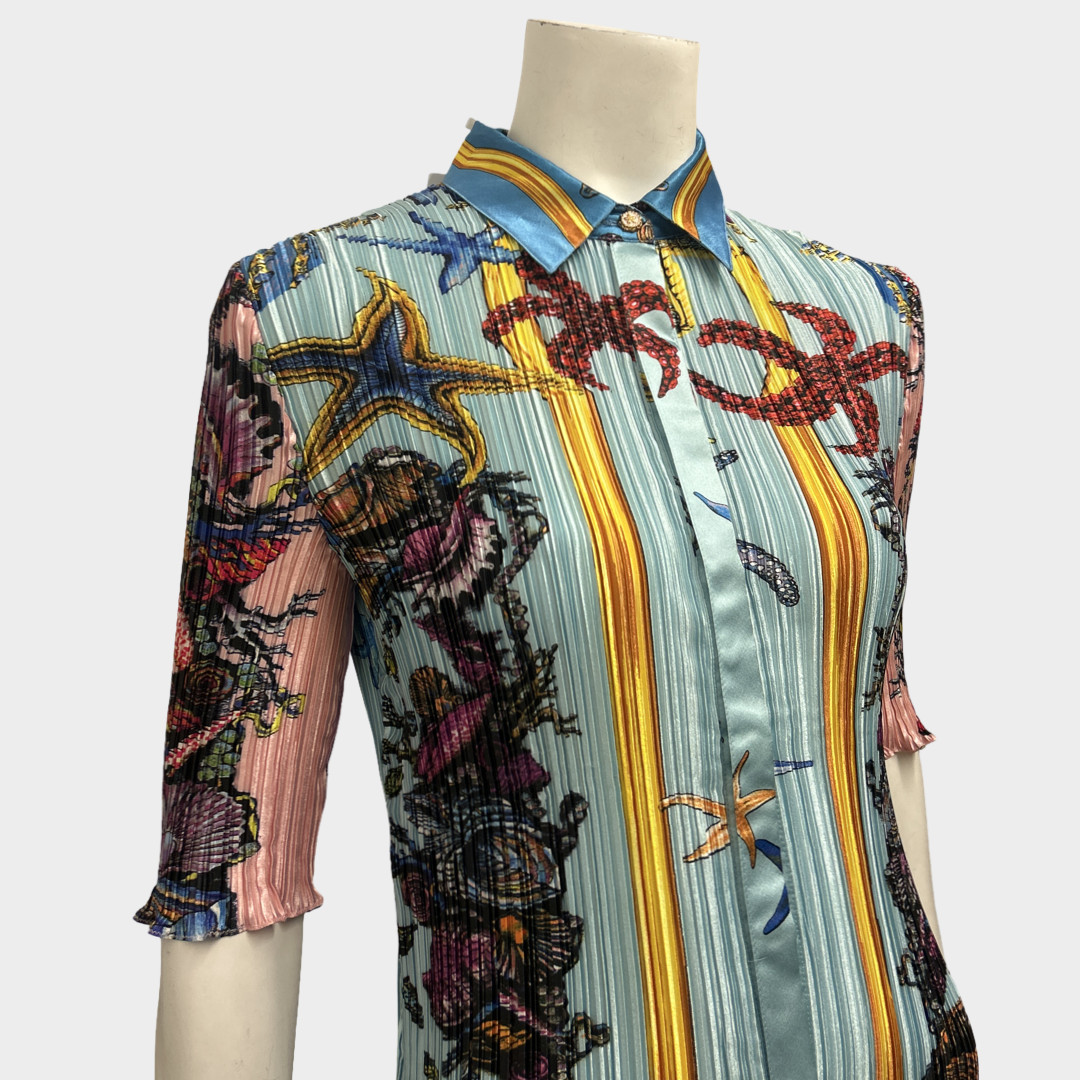 Versace Pleated Blue Starfish-Print Shirt Maxi Dress, Size UK10