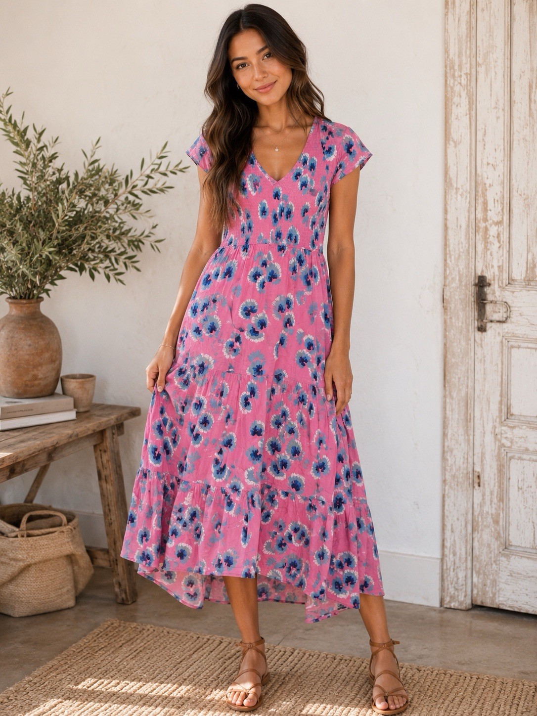 Banjanan Pink Floral 100% Cotton Maxi Sundress with Smocked Bodice Small
