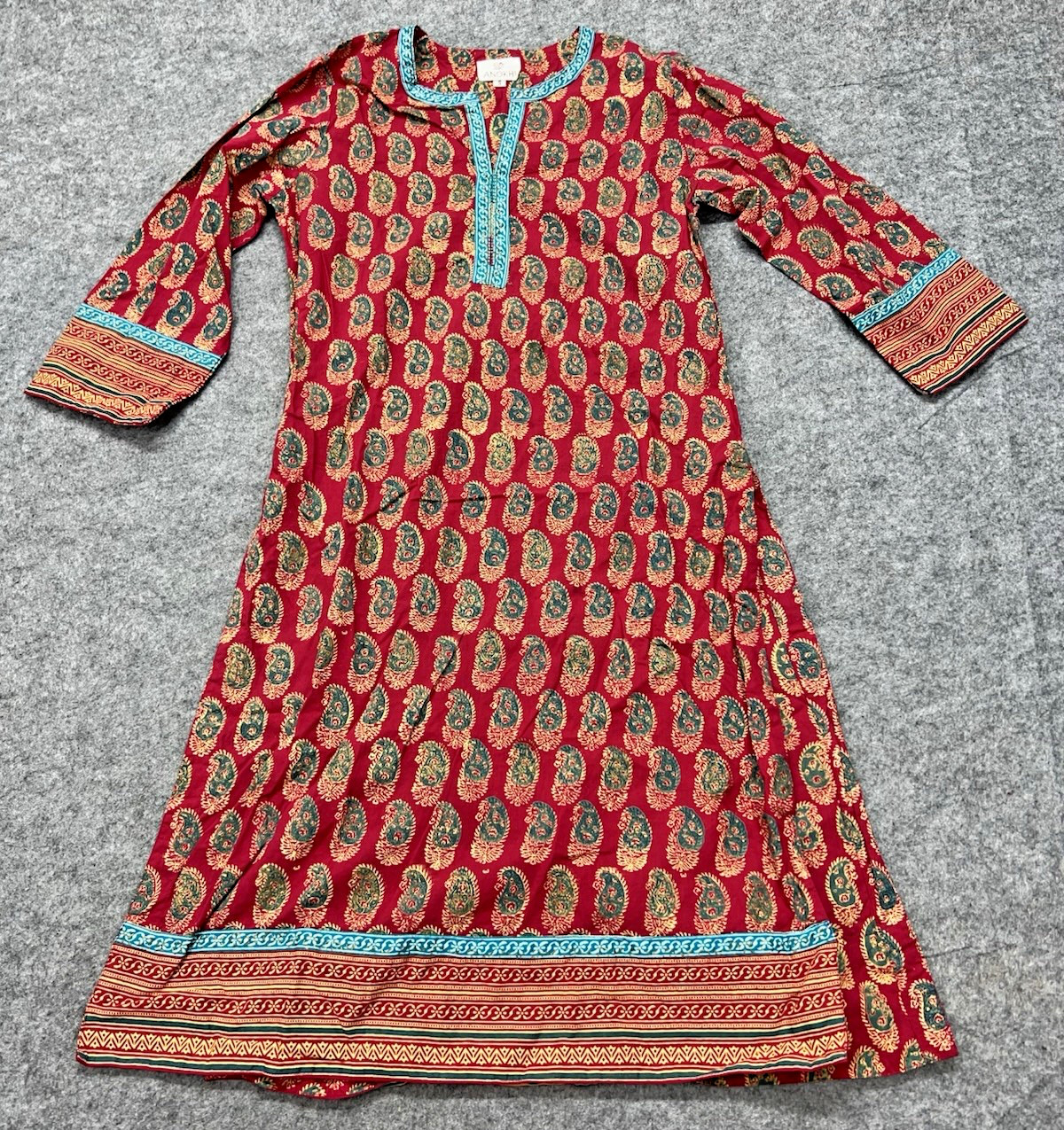 Anokhi Tunic Dress Women’s Size Small Red Paisley Floral Full Length Long Sleeve