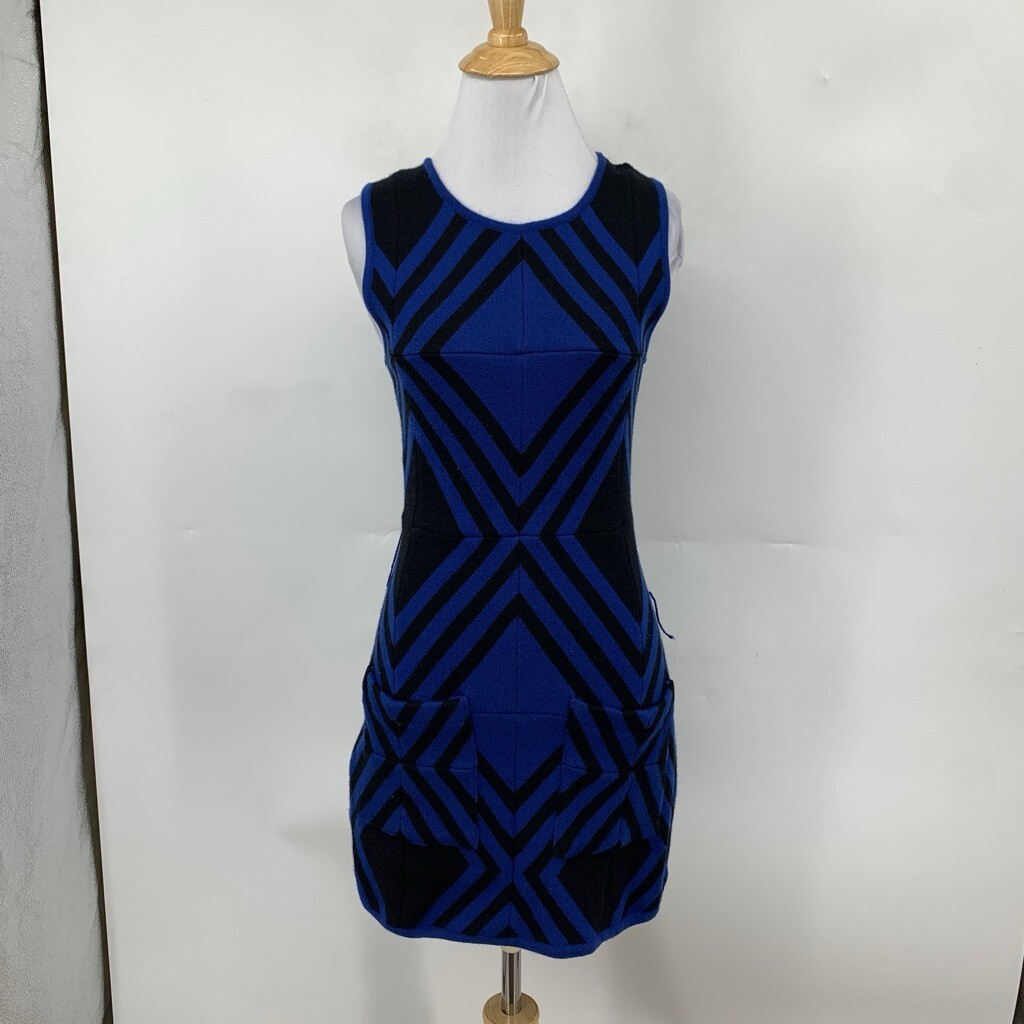 Alice + Olivia Dress Women Extra Small Cobalt Black Wool Chevron Pockets *READ