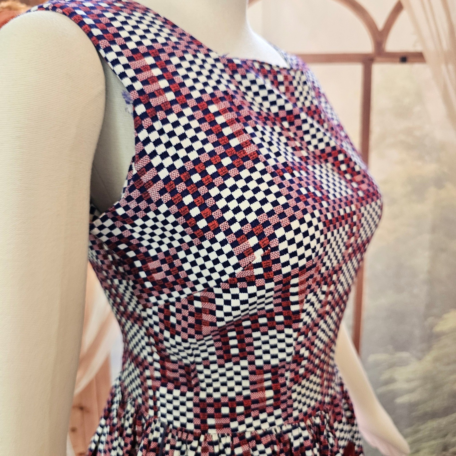 Vintage 1960’s Geometric Checkered Fit & Flare Dress Red White Navy Square Neck