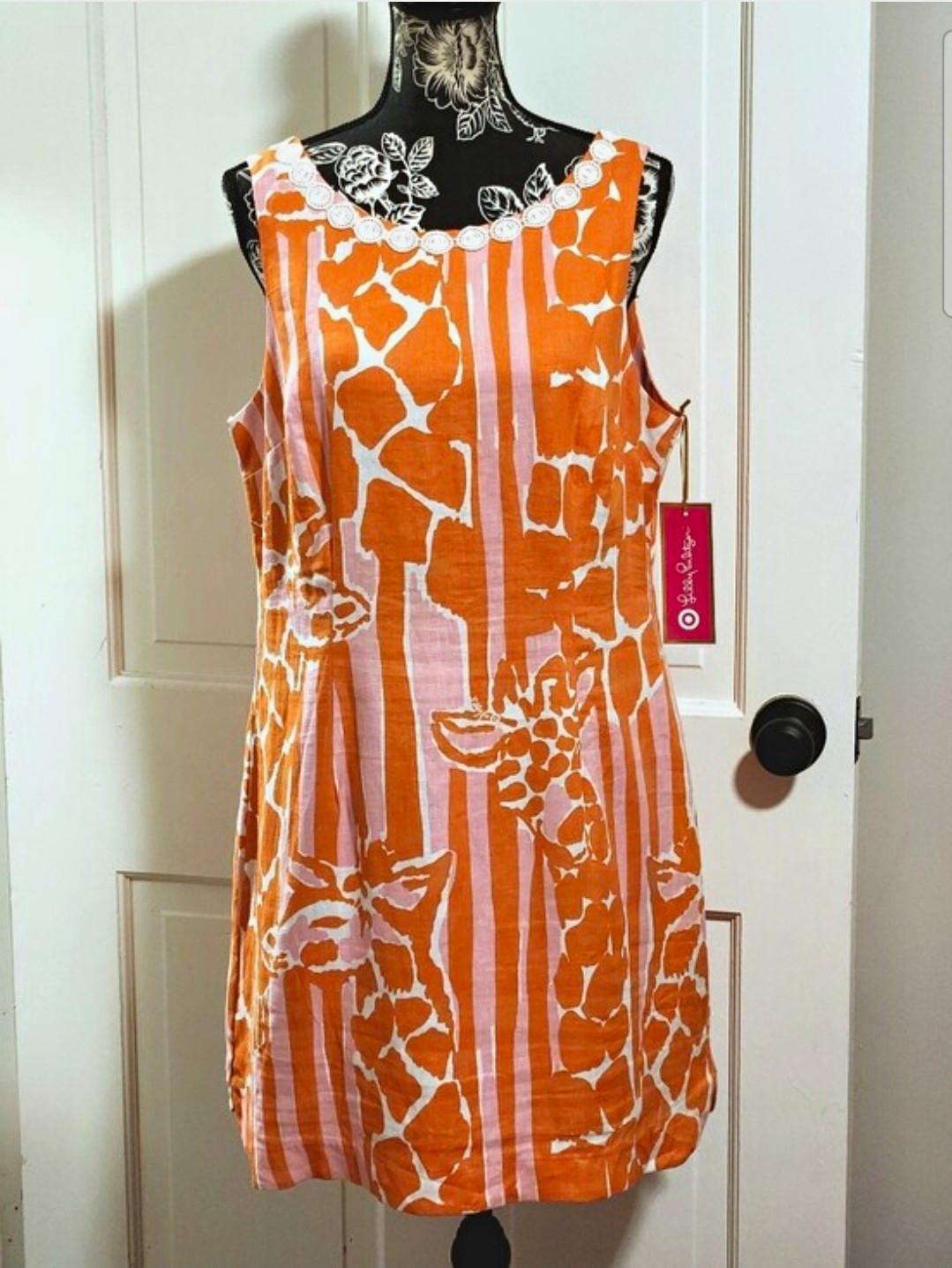 🆕️ 🦒SIZE 14 Lilly Pulitzer X Target🦒 – “Giraffeeey” Orange/White Linen Dress