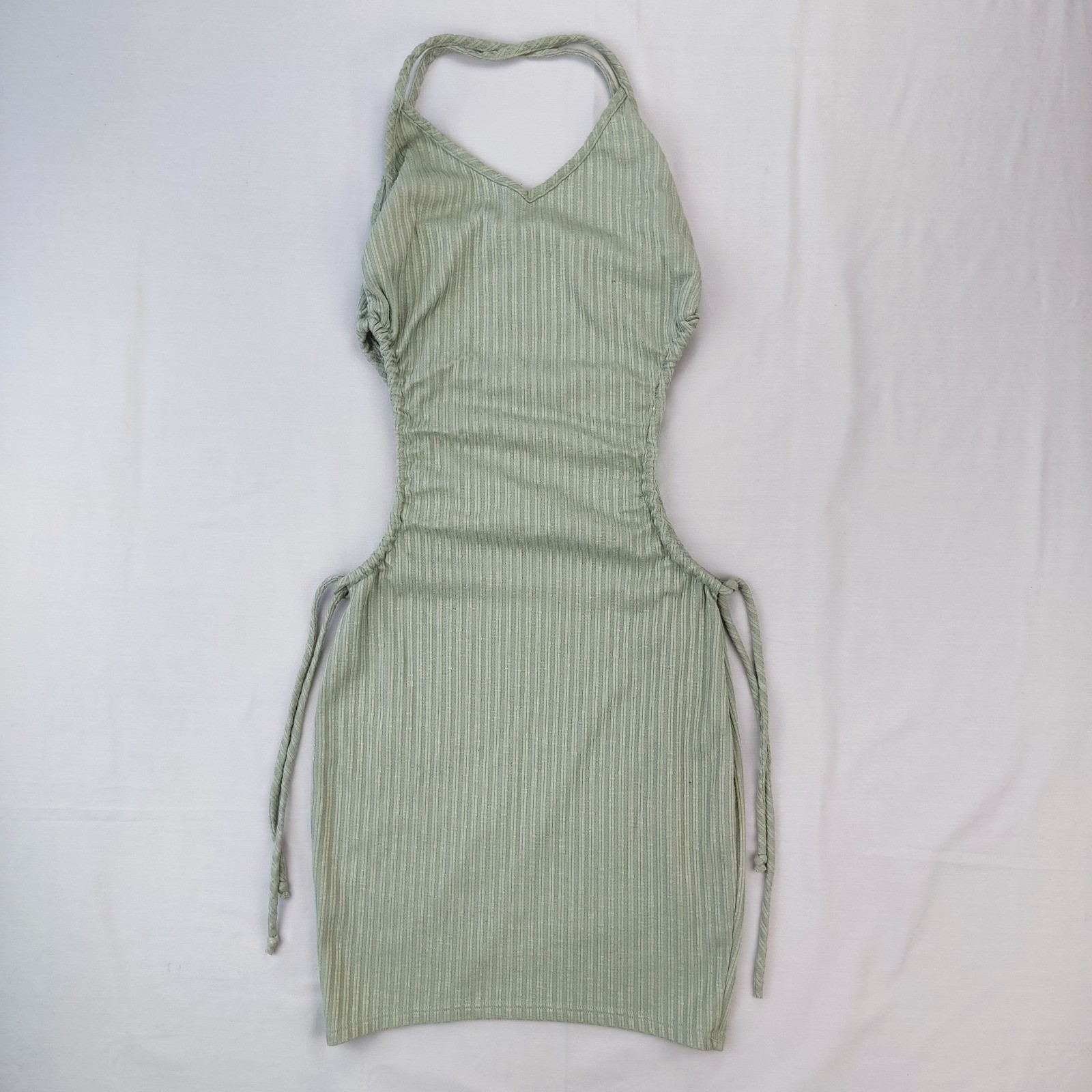Bijou Apparel Dress Women Small Sage Green Ribbed Side Cutout Halter Mini body