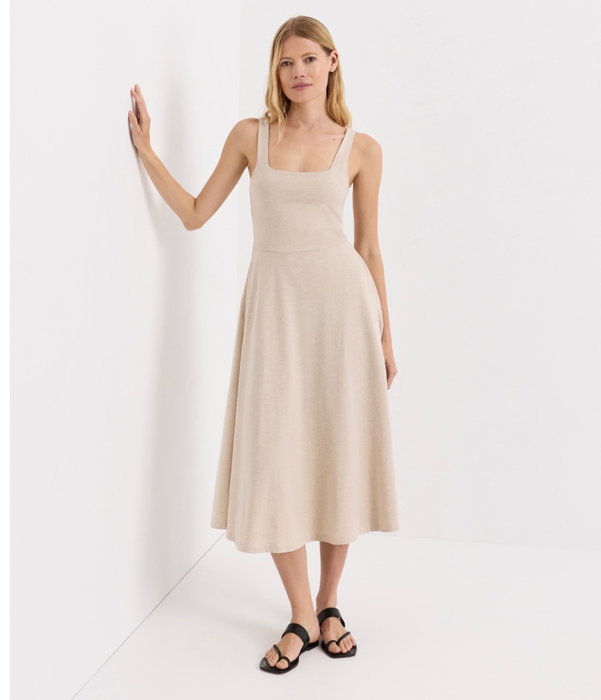 New Pact Women’s Organic Fit & Flare Square Neck Dress Flax Heather Beige Size S