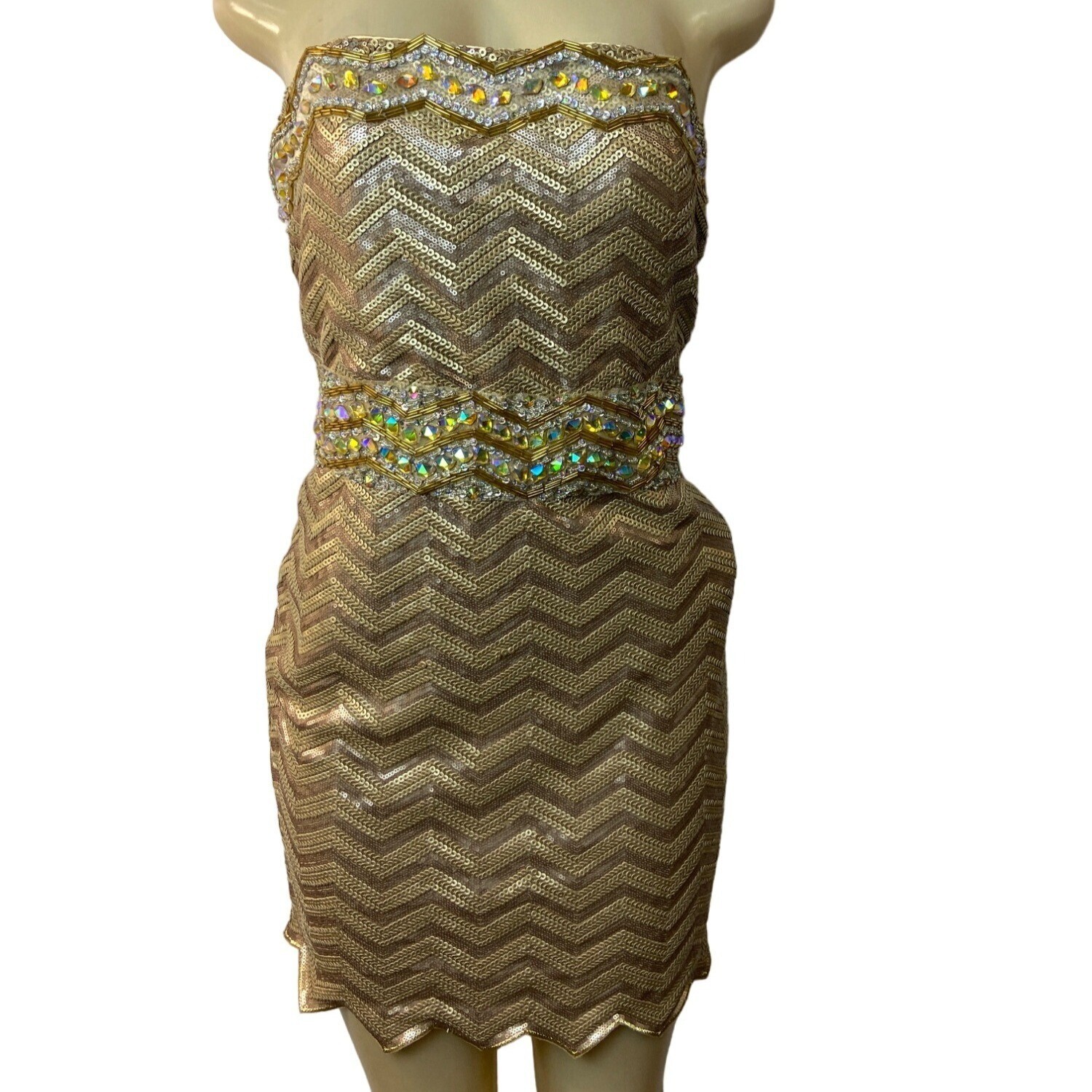 Clarisse Women’s Gold Sequined Bodycon Strapless Dress Sz 15/16 (EUR 46/47) – N