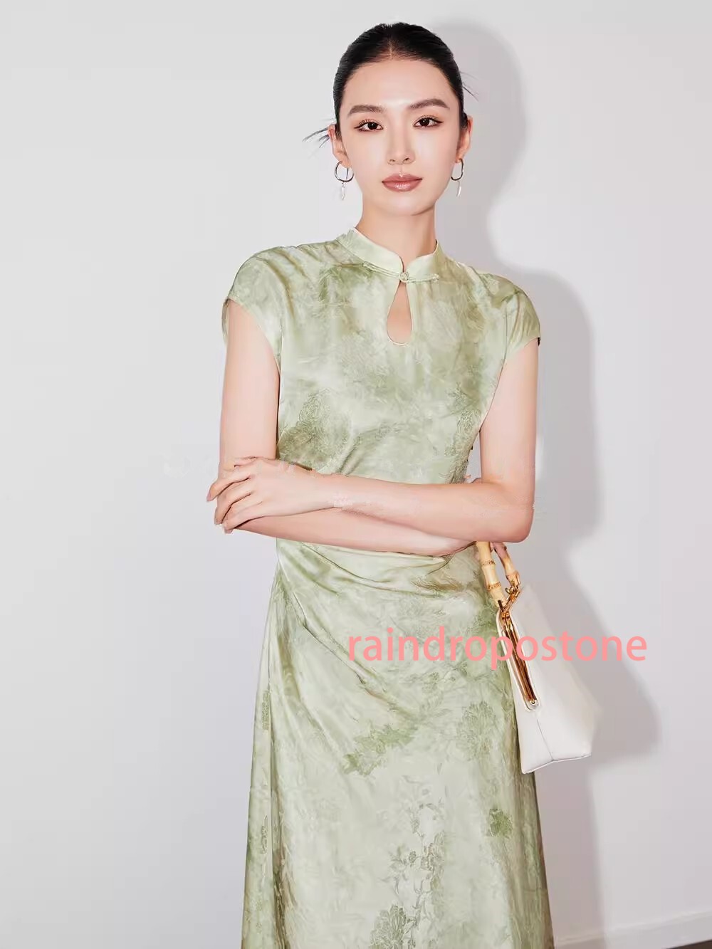 Womens Stand Collar Floral Printed Mid Long Dress Sleeveless Retro Chinese Style