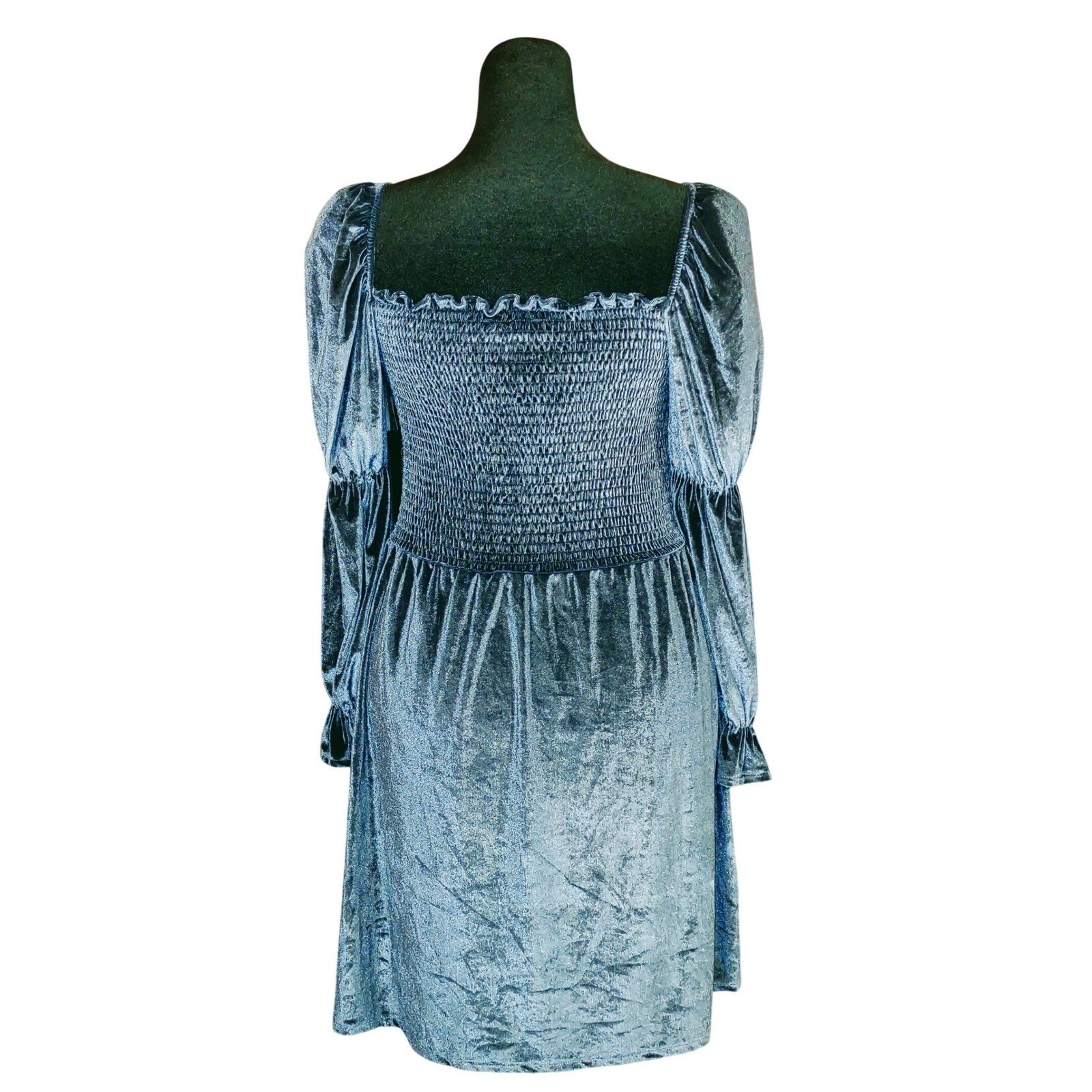 Velvet Milkmaid Smocked Square Neck Peasant Puff Sleeve Mini Dress – Blue XL