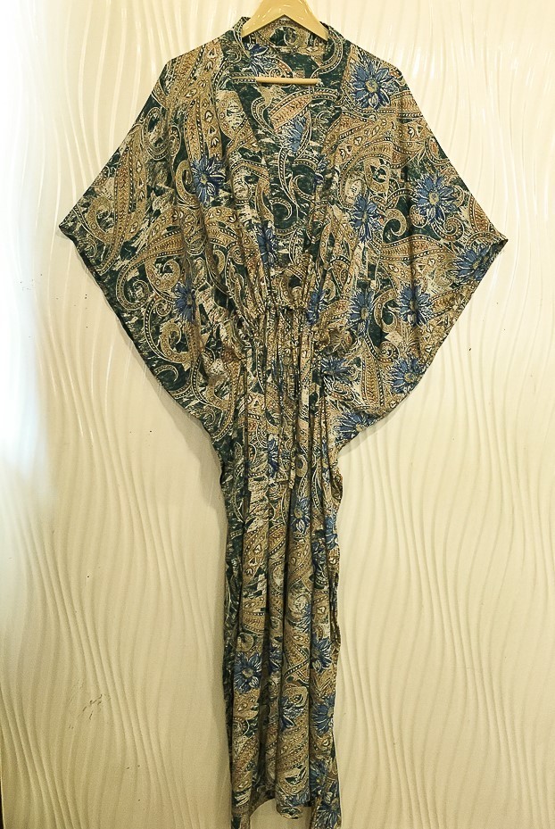 Silk Green Kaftan / Handmade Flowy Maxi Dress / Resort Wear Outfit MFN1077