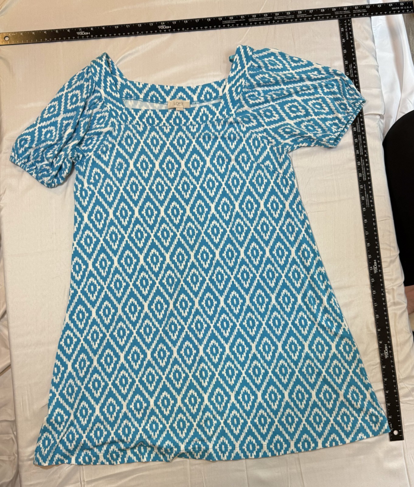 LOFT Outlet Blue White Geometric Ikat Pattern Dress Size M