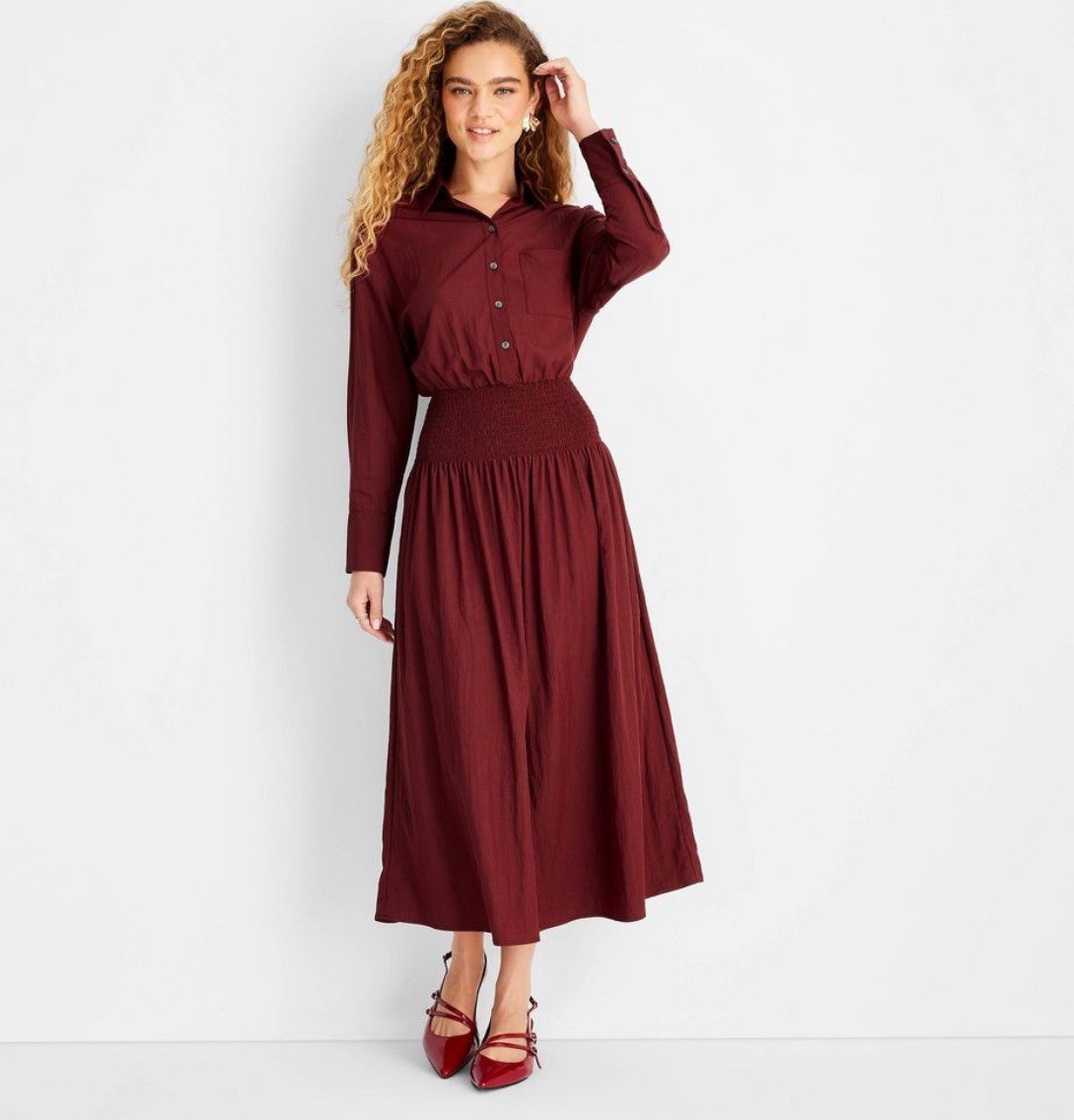 Women’s Collared Long Sleeve Smocked Midi Shirtdress – Future Collective Sz S