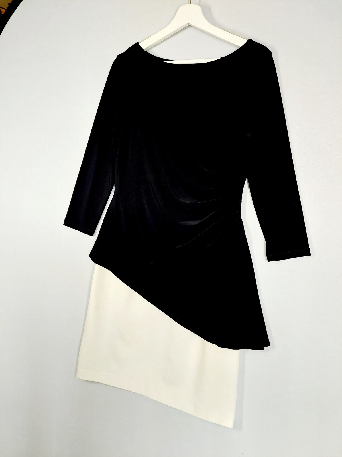 Lauren Ralph Lauren Black Ivory Peplum Dress Womens UK 14 Ruched Asymmetric