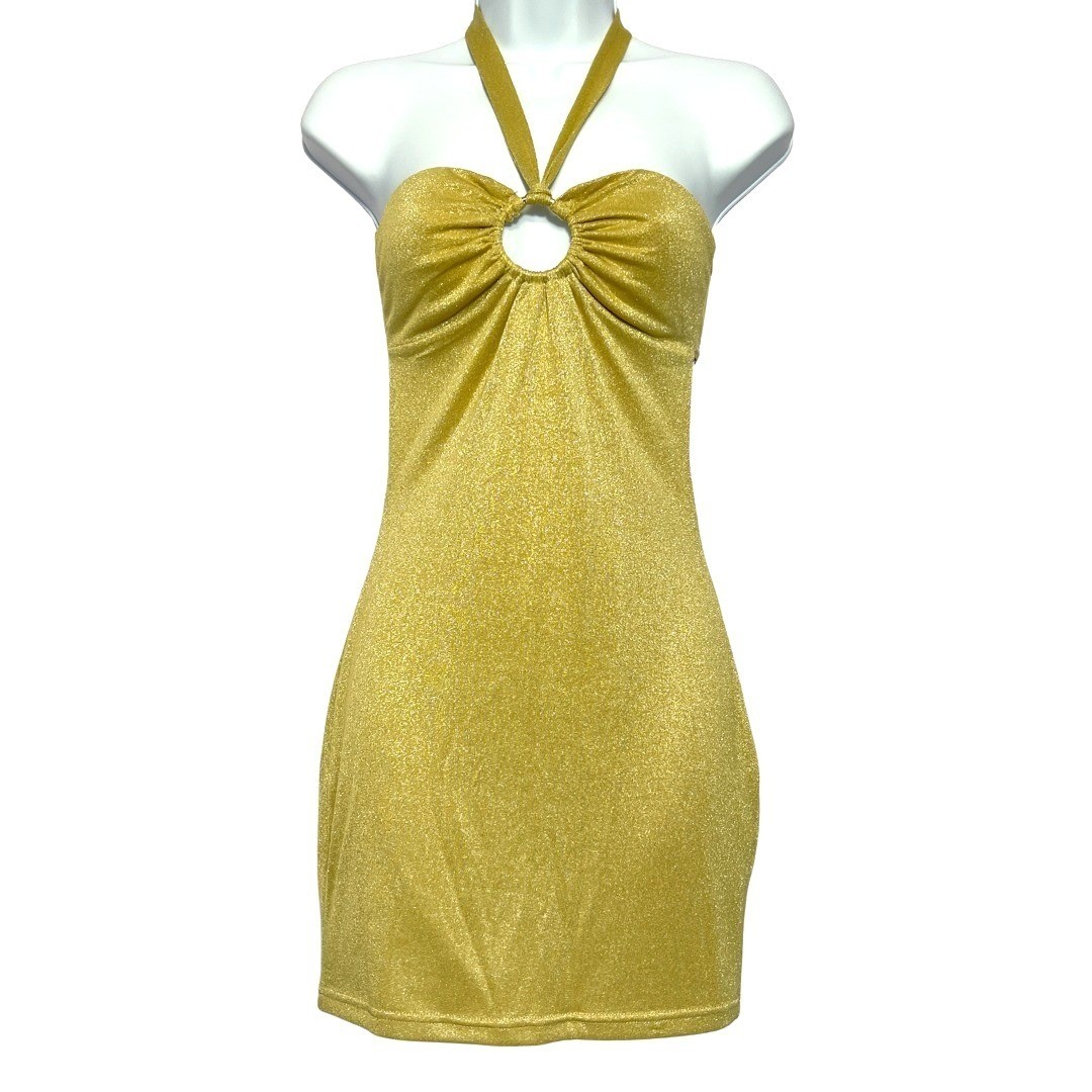 Beginning Boutique Halter Mini Dress Womens 10 Gold Metallic Retro 70s Club