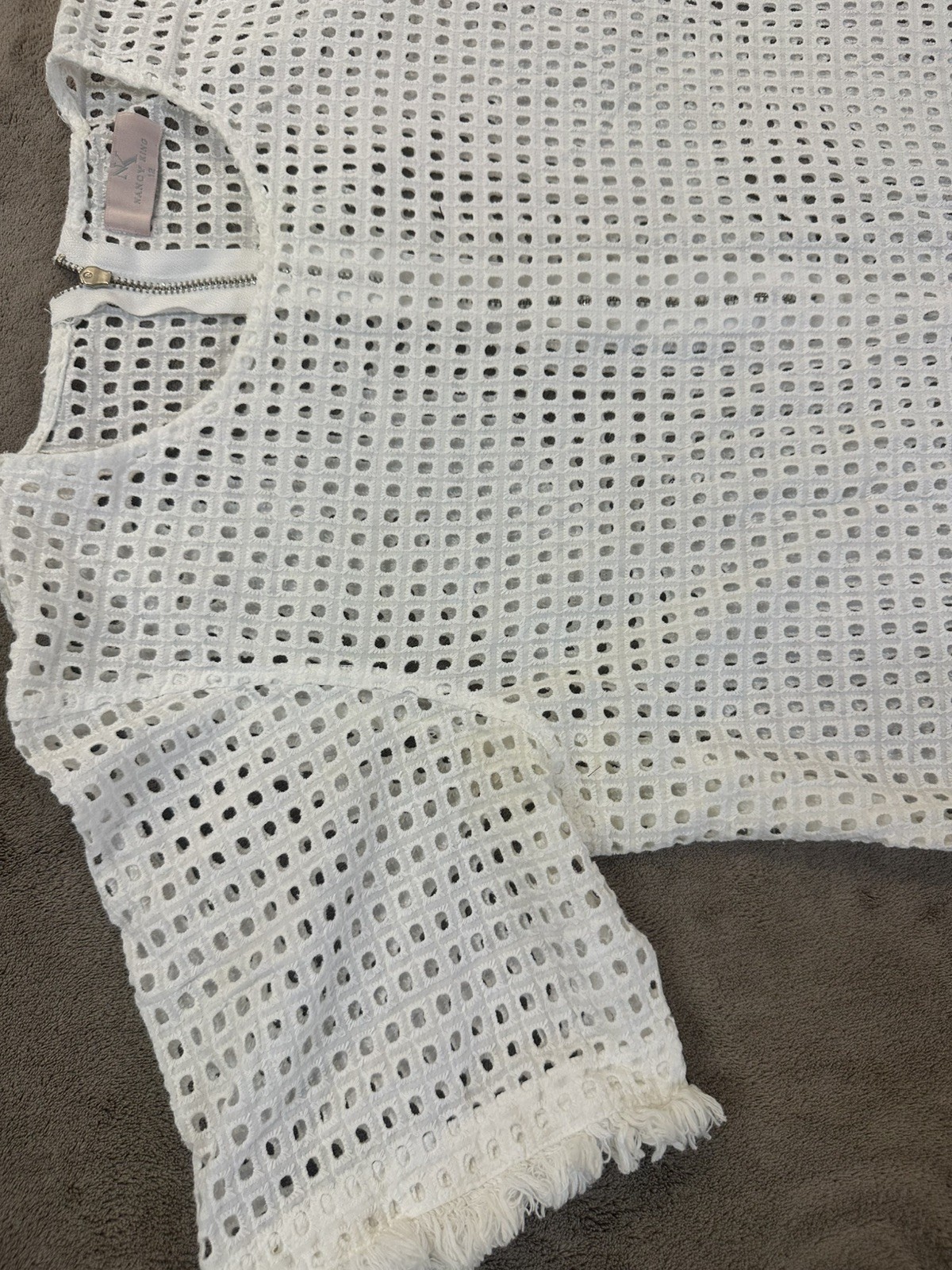 Nancy King White Broderie Eyelet Shift Dress Size 12 Cotton Fringe Hem Summer
