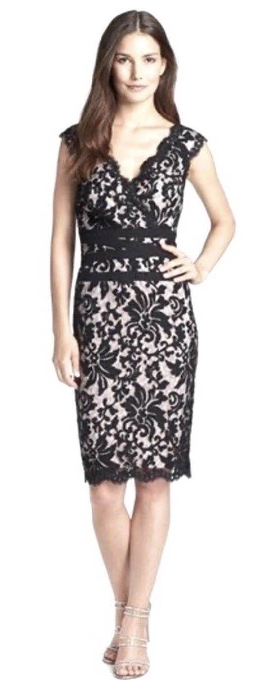 Tadashi Shoji Lace Dress Sz 8 Black Sleeveless Scallop Hem Sheath Cocktail Party