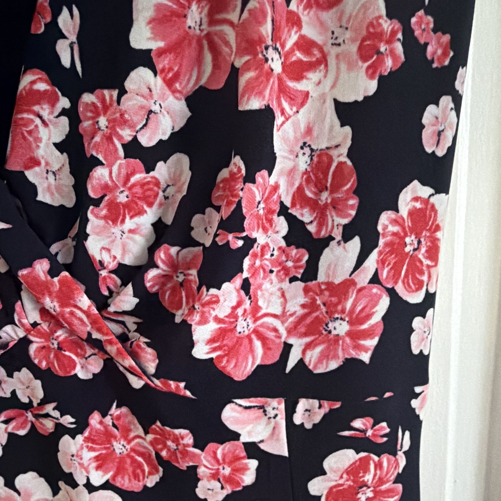 Chaps Womens Knee Dress Floral V-Neck Cap Sleeve Black Pink White M