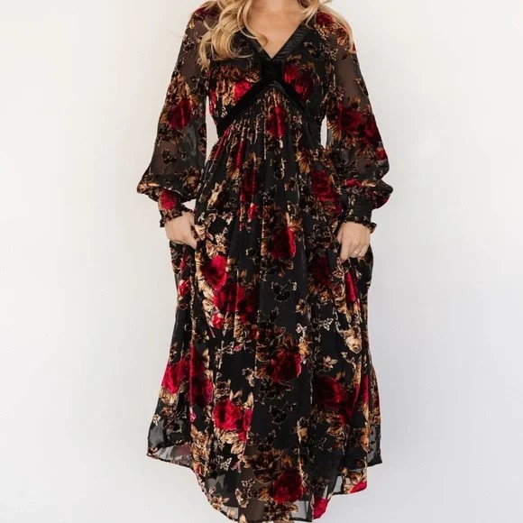 Baltic Born Adele Velvet Goth Burnout Maxi Floral Red Black Boho Dress In Bloom