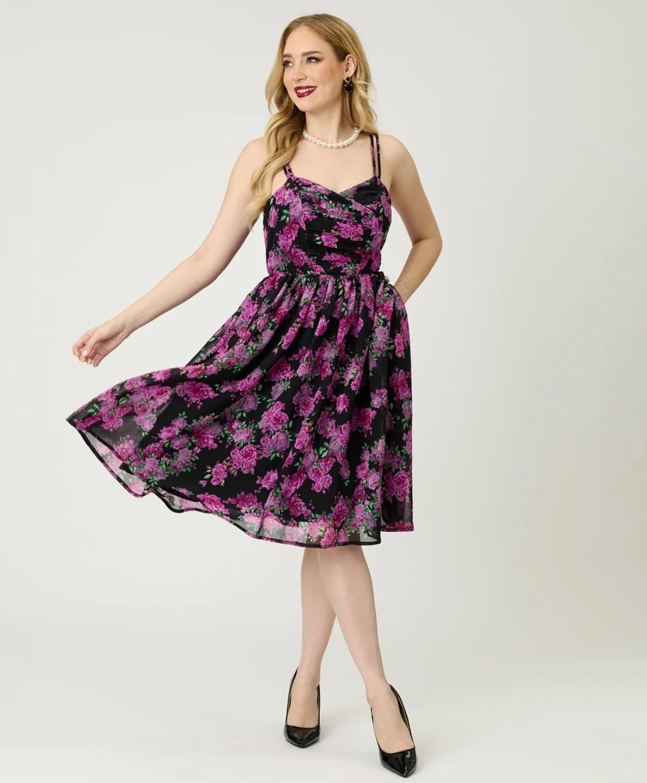 UNIQUE VINTAGE BLACK & PURPLE FLORAL REED SWING DRESS – NEW – REG AND PLUS SIZES
