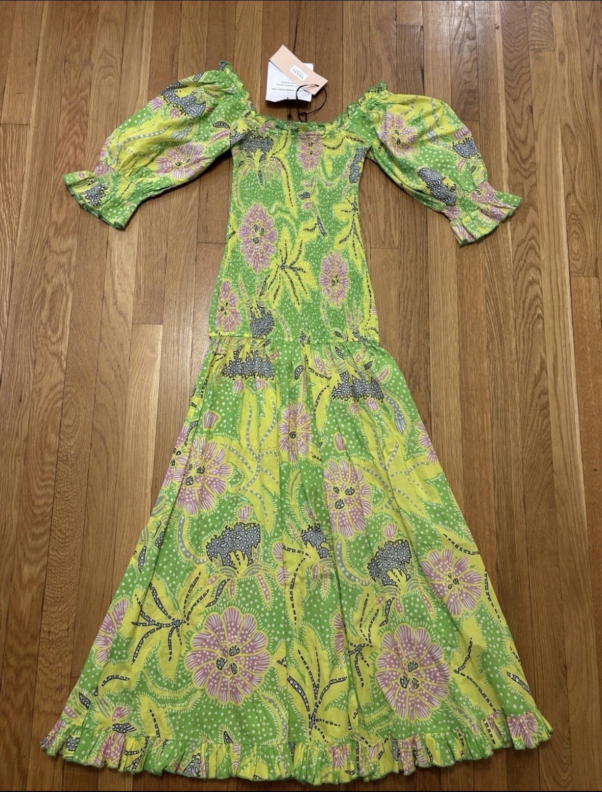NWT Rhode Resort Eva Neon Botanical Dress Green Yellow Floral Off Shoulder S