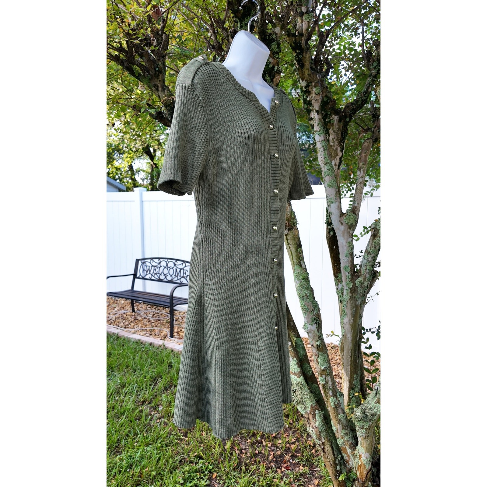 French Connection Olive Rib Knit Sweater Dress Gold Buttons Short Sleeve L