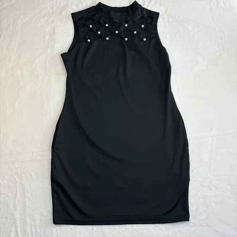 Chic Me Black Sleeveless Bodycon Dress Pearl Detail Neck Size L