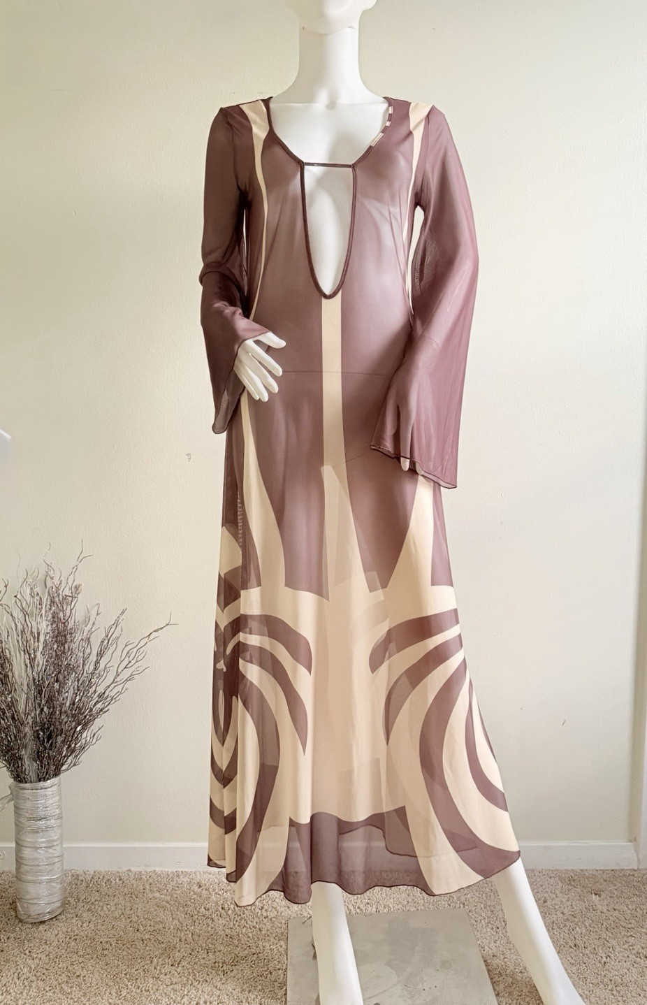 Caroline Constas XS Mesh Maxi Dress Brown Beige Abstract V-Neck Sheer Bell