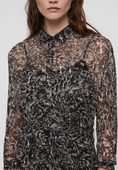 New $290 All Saints Eley Rosey Black Grey Midi Floral Women’s US 4 Viscose D9