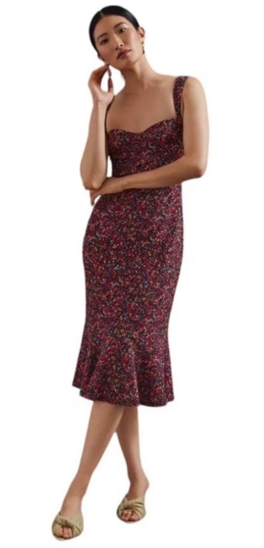 Anthropologie Hutch Sweetheart Floral Midi Dress Large Pink Black Sleeveless