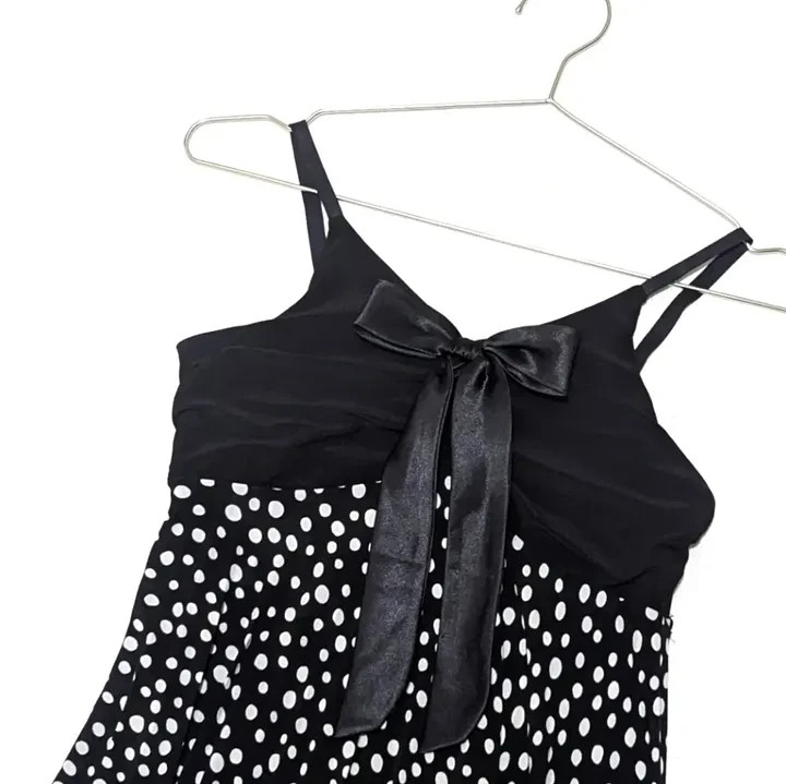 READ! Vintage Black & White Polka Dot Pin-Up Satin Bow Sleeveless Mini Dress