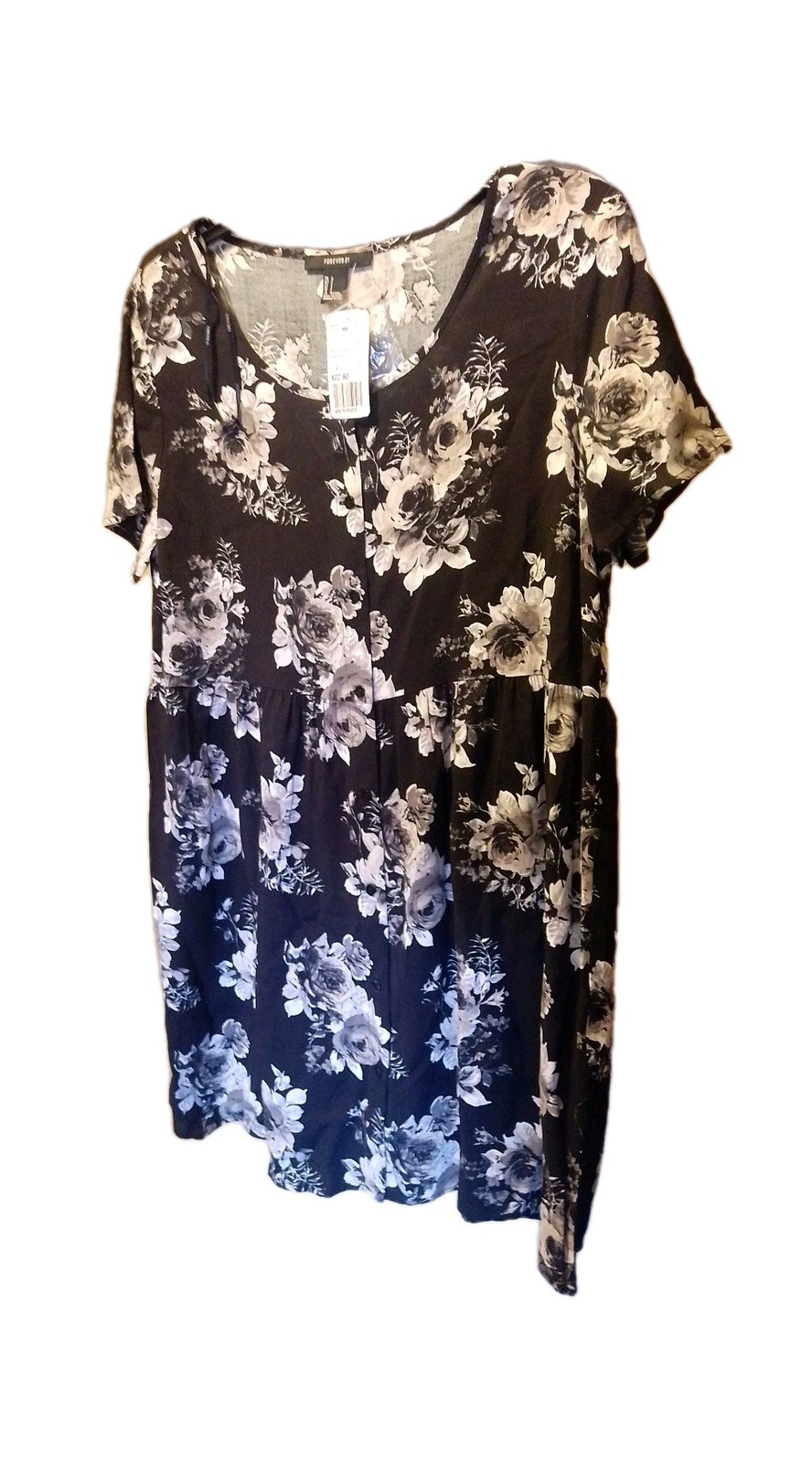 Sexy NWT New FOREVER 21 Black White Rose Print Short Dress Large With Buttons