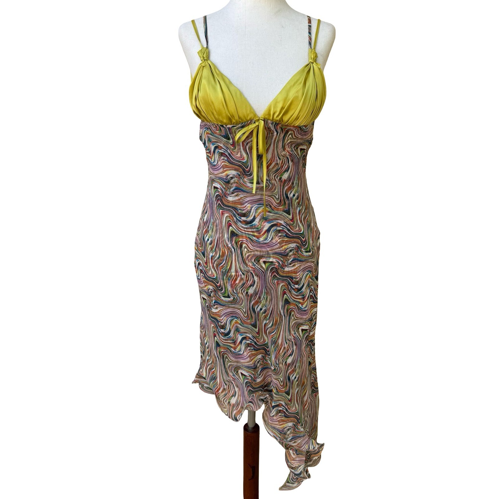 BGN First Y2K Silk Psychedelic Swirl Fairycore Asymmetrical Midi Dress Rainbow 6