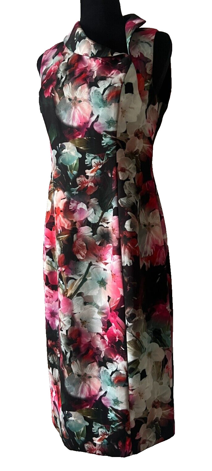 BLACK HALO Floral Sheath Dress Asymmetrical Collar Size 8