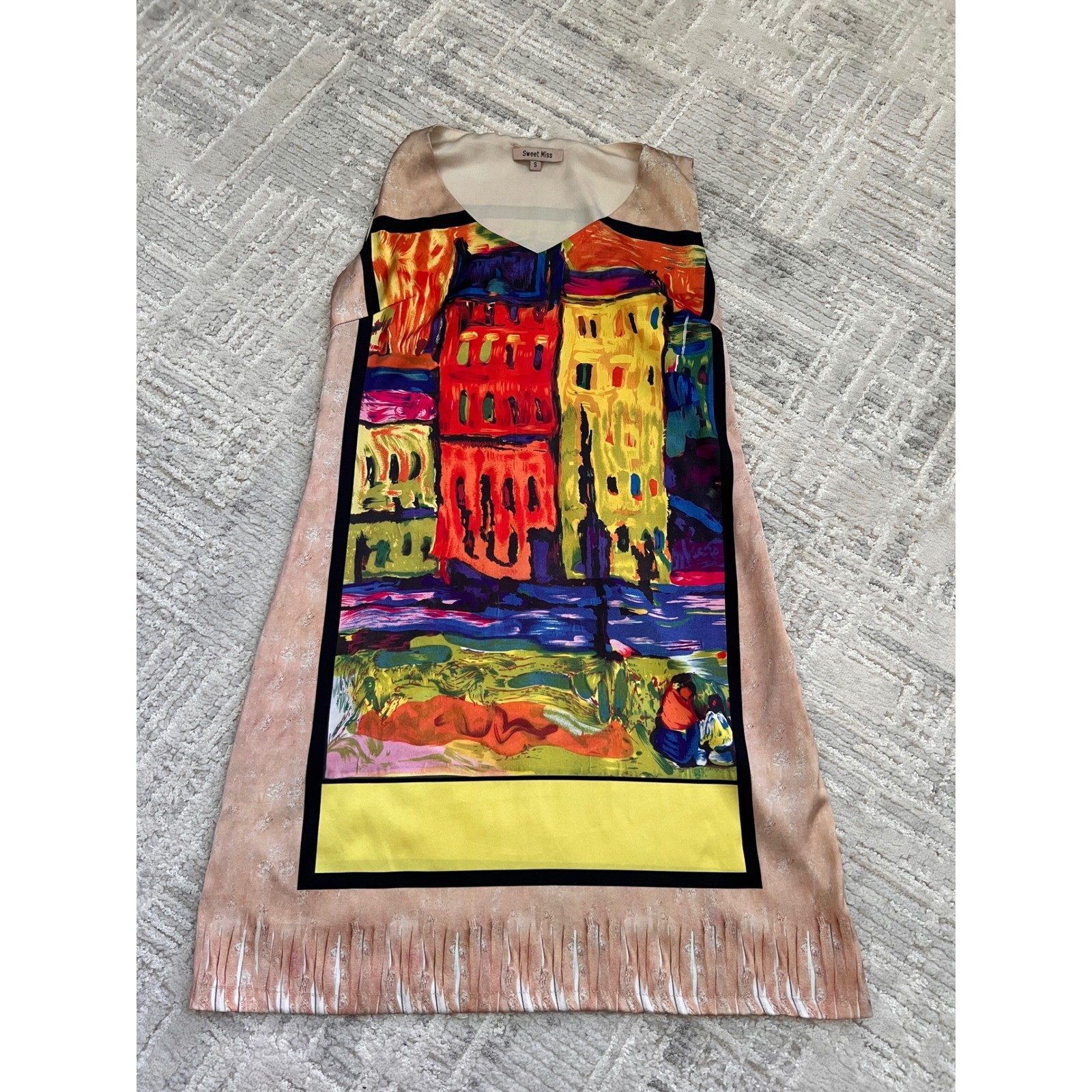 Sweet Miss Women’s Dress Sleeveless Art to Wear Fringe Hem Colorful Small