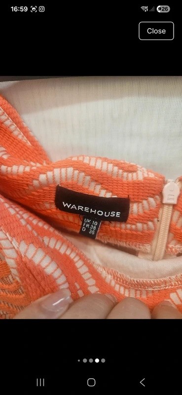 Warehouse UK Size 10 Coral and White Jacquard Occasion Dress with Skater Skirt
