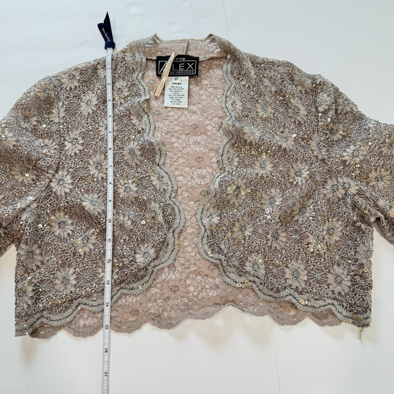 Alex Evenings Champagne Lace Sequin Two Piece Jacket Sleeveless Dress Size 8P