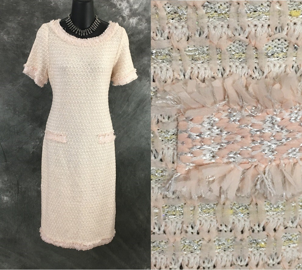 BEAUTIFUL St John knit pink shimmer multi fringe dress size 8