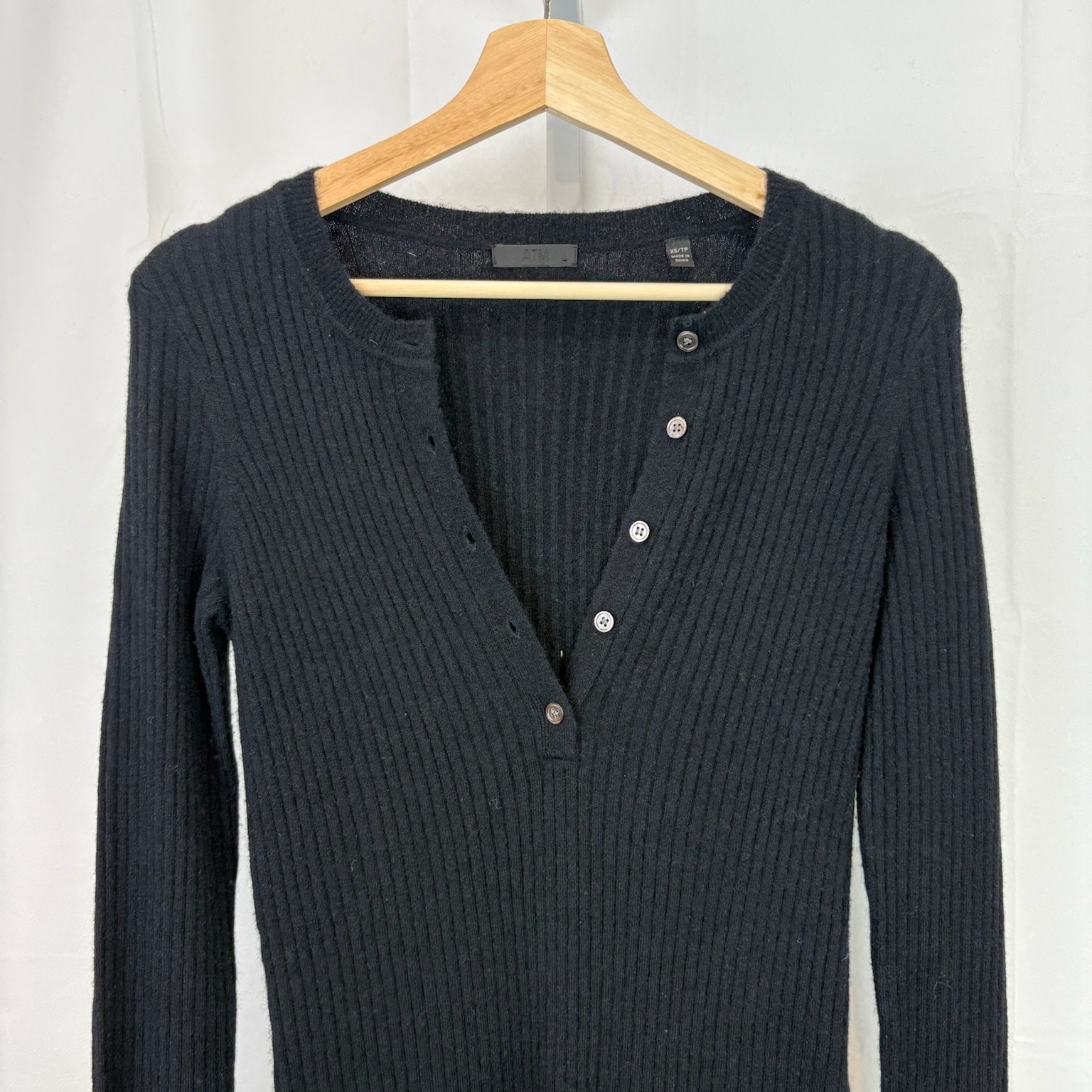 ATM Size XS Wide Ribbed Henley Midi Dress Long Sleeve Wool Cashmere Blend Black